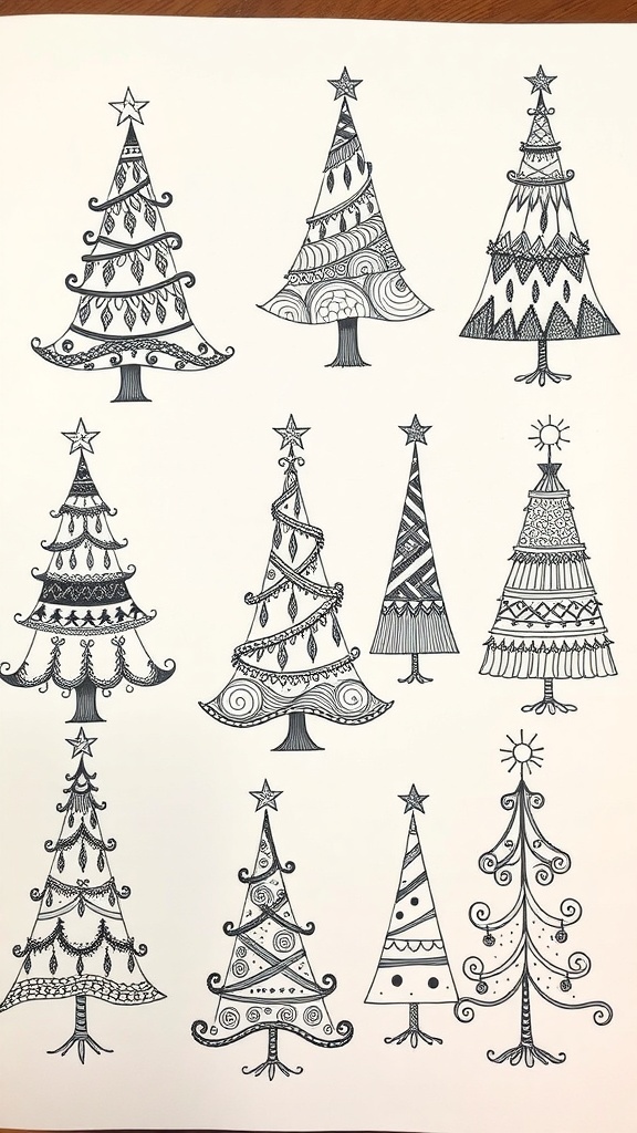 Zentangle Christmas Tree Doodles Intricate Zentangle Christmas tree doodles with various patterns on a festive background.